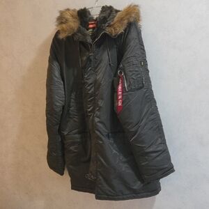 Alpha Industries Brown Puffer Hooded Parka with Faux Fur Trim